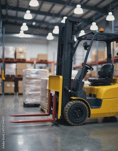 Fototapeta Forklift moving materials in a busy production hall