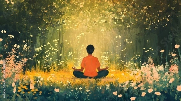 Fototapeta Person meditating on a stone path surrounded by bambo trees