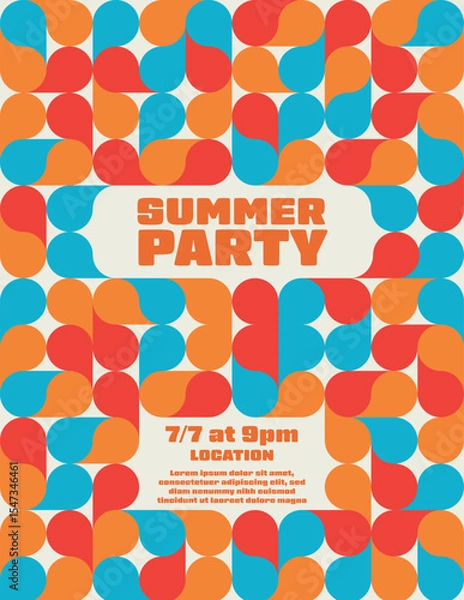 Fototapeta Summer Party Poster Template with Hippie Geometric Shapes Pattern. Editable Printable Abstract eps 10 Vector Illustration.