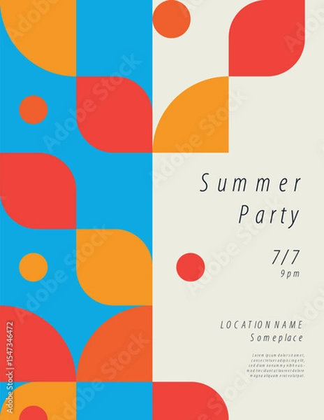 Fototapeta Summer Party Poster Template with Retro Geometric Shapes. Editable Printable Abstract eps10 Vector Illustration.