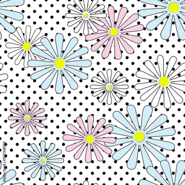 Obraz Flowers multicolored daisies on a background with polka dots white gray 
