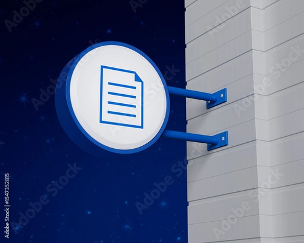 Fototapeta Document icon on hanging blue rounded signboard over fantasy night sky, Technology internet online concept, 3D rendering