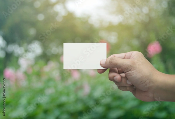 Fototapeta Man hand holding blank white business name card in fingers over blur pink flower and tree in park