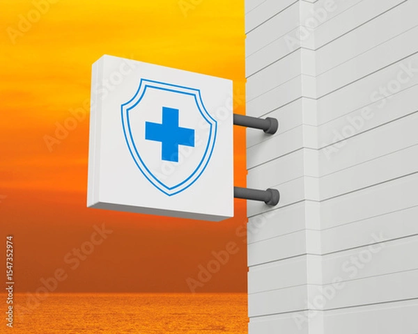 Fototapeta Cross shape with shield icon on hanging white square signboard over sunset sky and sea, Business healthy and medical care insurance online concept, 3D rendering