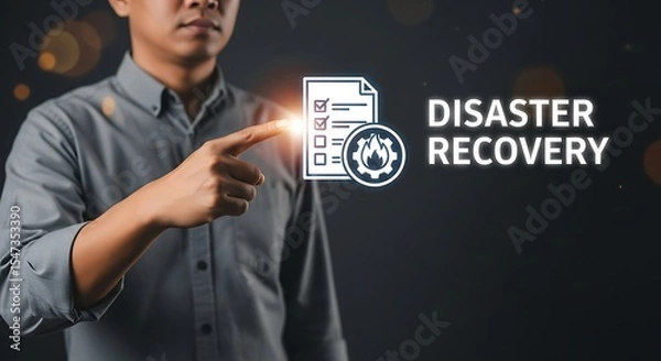 Obraz Disaster Recovery Technology with Network Protection concept. Network Security System with Cloud Disaster Backup, IT Disaster Recovery, IT Disaster Protection and System Recovery Concept .