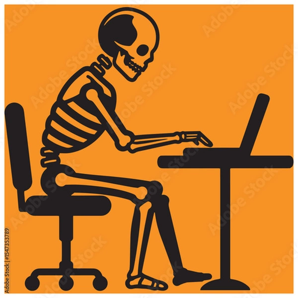 Fototapeta Skeleton working on a laptop at a desk representing overwork or office life