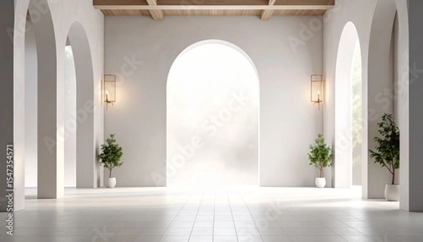 Obraz Bright, Airy Interior of a Modern Hall With Arched Windows and Lush Greenery in Planters During Daylight Hours