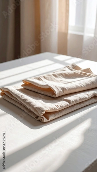 Obraz Soft Fold of Beige Fabric on a Wooden Table With Gentle Sunlight Streaming Through Sheer Curtains During the Afternoon