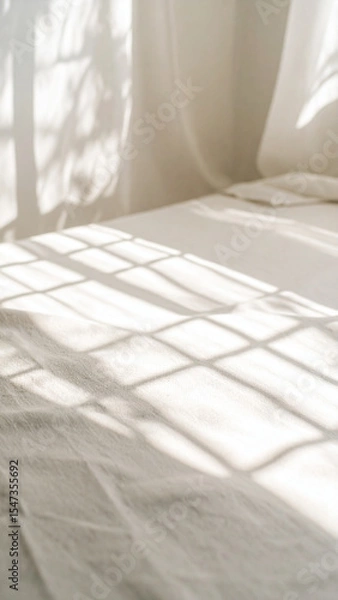 Obraz Soft Sunlight Creates Delicate Shadows Across a White Bed in a Serene Indoor Space During the Morning Hours