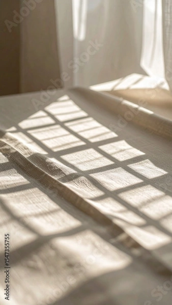 Obraz Natural Sunlight Creates Beautiful Patterns on a Linen Fabric Near a Window During the Afternoon in a Cozy Room