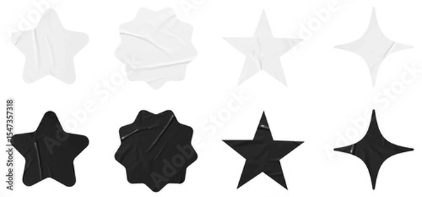 Obraz Set of vector black and white stars paper stickers mockup. Blank labels of different shapes, Wrinkled paper emblems. Copy space. Stickers or patches for preview tags, labels
