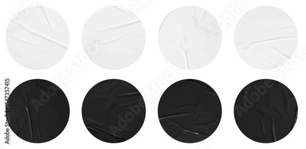 Obraz Set of vector black and white stickers mockup. Blank labels of different shapes, circle wrinkled paper emblems. Copy space. Stickers or patches for preview tags, labels