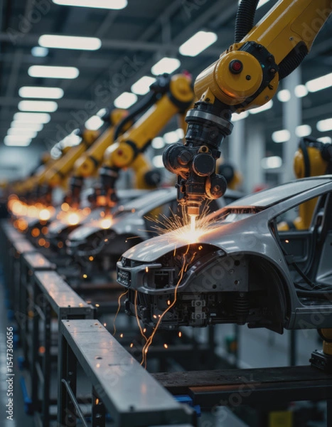 Obraz Robotic arms welding car frames in a modern manufacturing facility