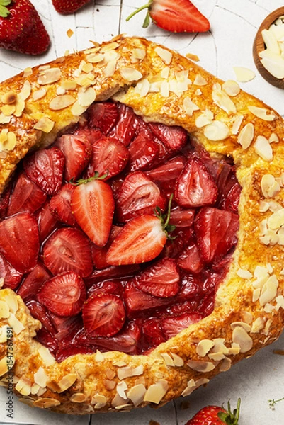 Fototapeta Close-up of shortcrust pastry galette with strawberry filling on cracked white tile background. Round fruit pie with almond petals sprinkle. Fresh berries lie next to the pie. Top view