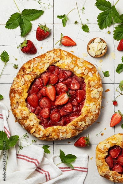 Fototapeta Shortcrust pastry galette with strawberry filling on cracked white tile background. Round fruit pie with almond petals sprinkle. Fresh berries and strawberry leaves lie next to the pie. Top view