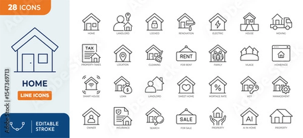 Obraz Home line editable icon set. Containing property, house, loan, town, landlord, insurance, location, mortgage, for sale and more. Editable stroke. Vector illustration