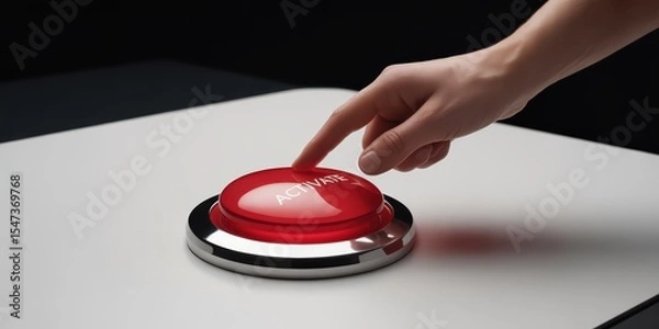Fototapeta Finger Pushing Red Activation Button on White Surface