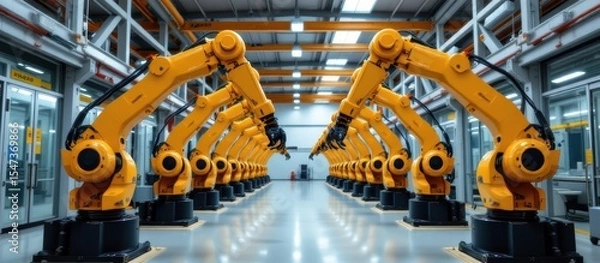 Fototapeta Industrial robots lined up in a modern manufacturing facility.