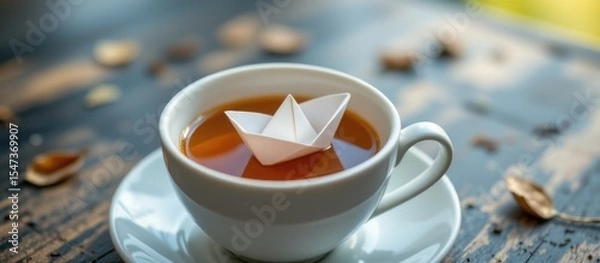 Fototapeta A paper boat floats in tea within a white cup.