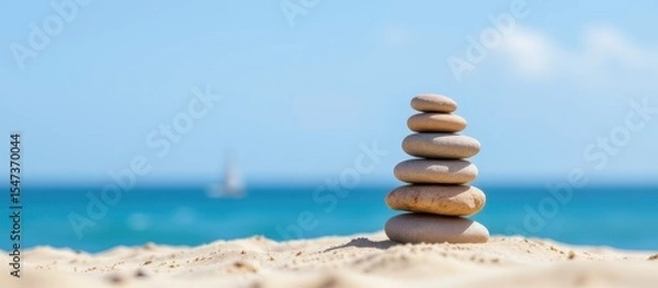 Fototapeta Stacked stones on a beach with a blurred ocean background.