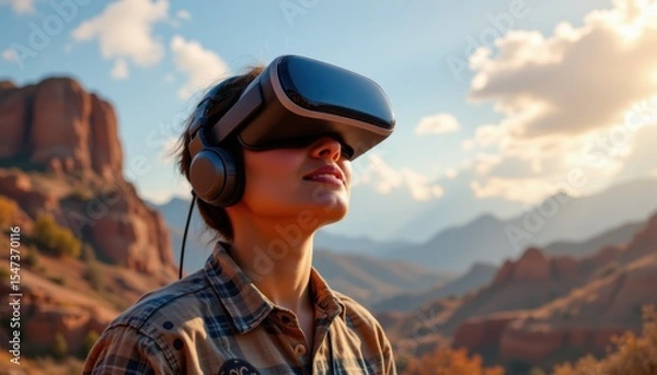Fototapeta A woman experiences virtual reality in a scenic outdoor setting.