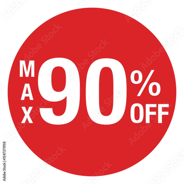 Obraz ”MAX90％OFF ”の文字入り　円形のイラスト　赤色　白文字　背景透過
