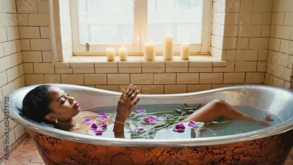 Fototapeta Young woman enjoying a luxurious bath with orchid petals and aromatherapy herbs, surrounded by the warm glow of candles placed on a window sill in a vintage bathroom