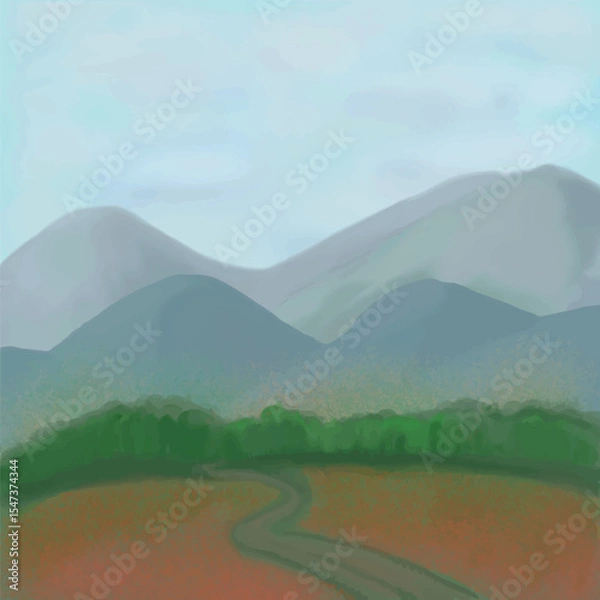 Obraz landscape of mountain and poppy field with dirt road