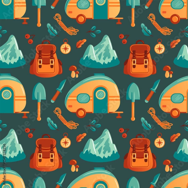 Obraz vector illustration features a vibrant camping-themed pattern with elements like colorful trailers, backpacks, mountains, tools, and nature motifs. Perfect for outdoor and adventure-inspired designs.