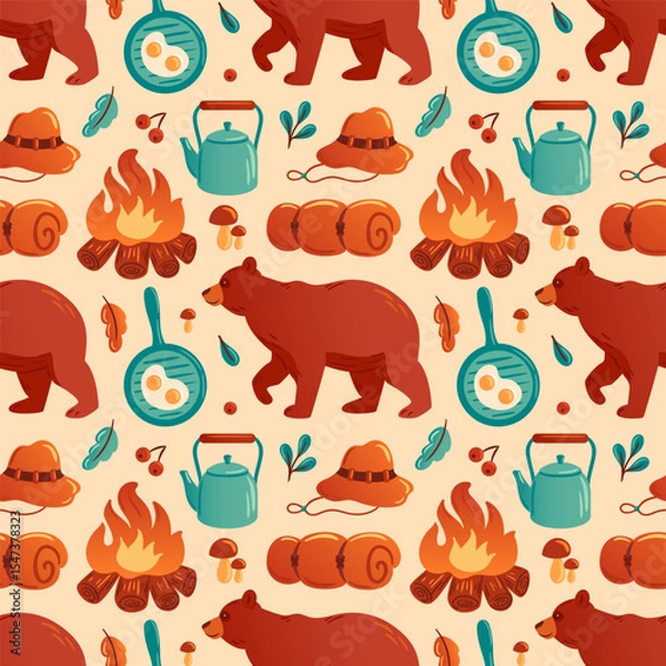 Obraz whimsical vector illustration features a charming camping pattern with bears, campfires, cooking utensils, and nature elements. Perfect for outdoor-themed projects and adventure designs.