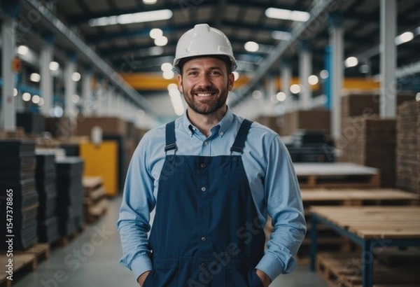 Obraz Shift engineer smiling in a plastics warehouse, showcasing professionalism