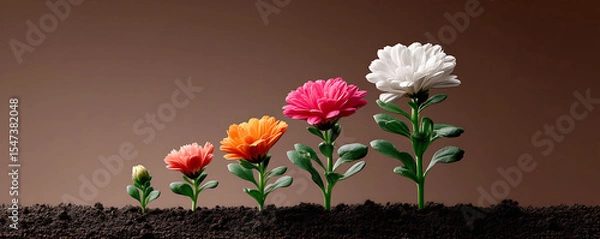Fototapeta Blossoming concept. Sequence of flowers blooming, showing growth from bud to full bloom. Metaphor for development, progress, and potential. Ideal for business, life, or success.