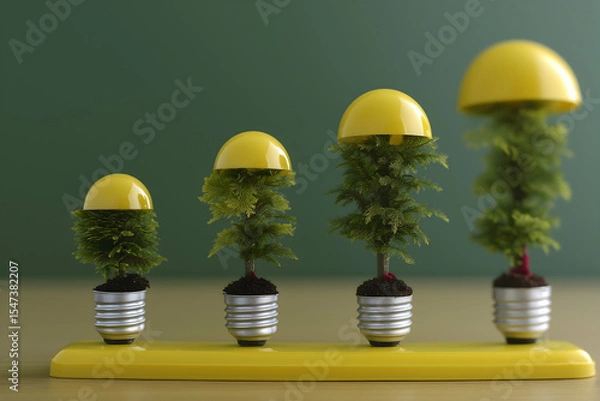 Fototapeta Four small trees grow from light bulb bases with yellow caps above, symbolizing green energy and environmental growth.