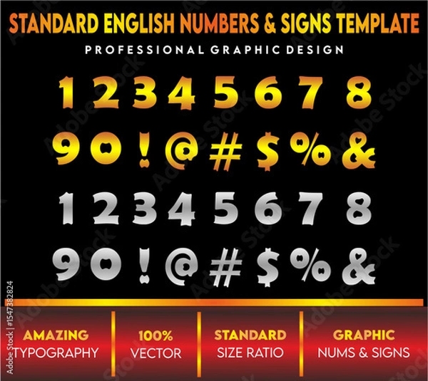 Fototapeta English Numbers and signs template with gradients letters, standard vector letters, english letters for children's book and school, golden and silver letters