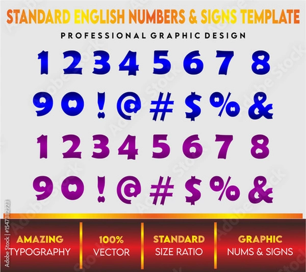 Fototapeta English Numbers and signs template with gradients letters, standard vector letters, english letters for children's book and school, blue purple letters