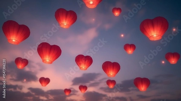Obraz Red Heart Shaped Lanterns Floating Evening Sky image