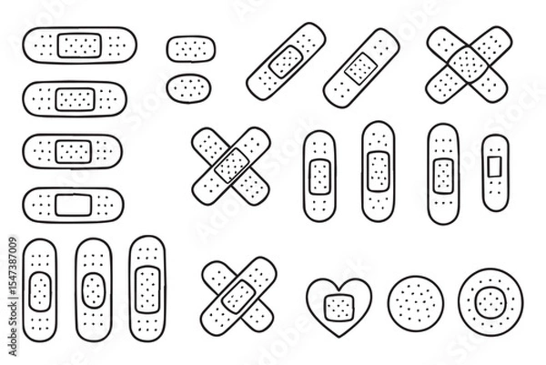 Fototapeta Set of doodle style bandage icons. Bandage for treating minor skin cuts, post-surgical stitches, skin damage and wounds. Vector illustration