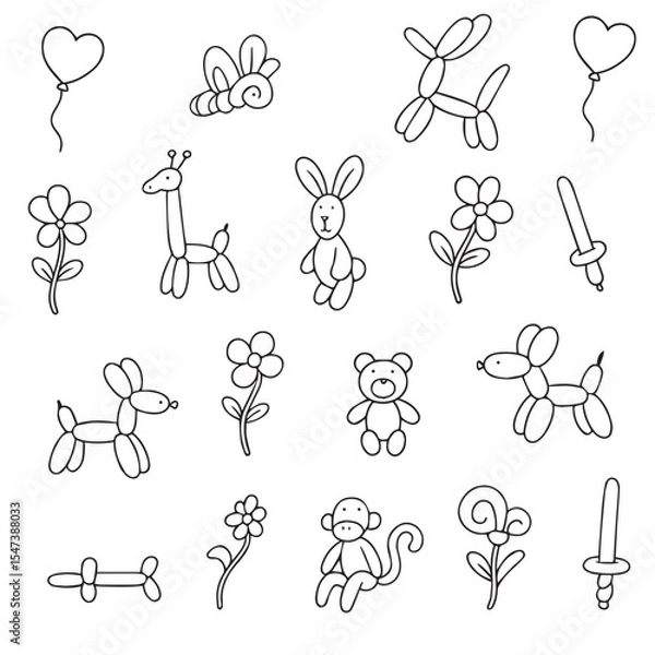 Fototapeta Hand drawn balloon animals. Round toy animals, cute party decorations. Festive helium objects for fun in doodle style. Vector 