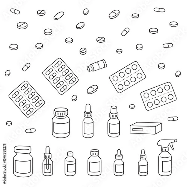 Fototapeta Pharmaceutical components and capsules in container with medicine symbols in simple line style. Pills, drugs, capsules, bottles in doodle style. Vector