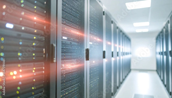 Fototapeta Server room with rows of data racks, networking hardware, blinking lights. Concept data storage, IT infrastructure, cloud computing, big data.