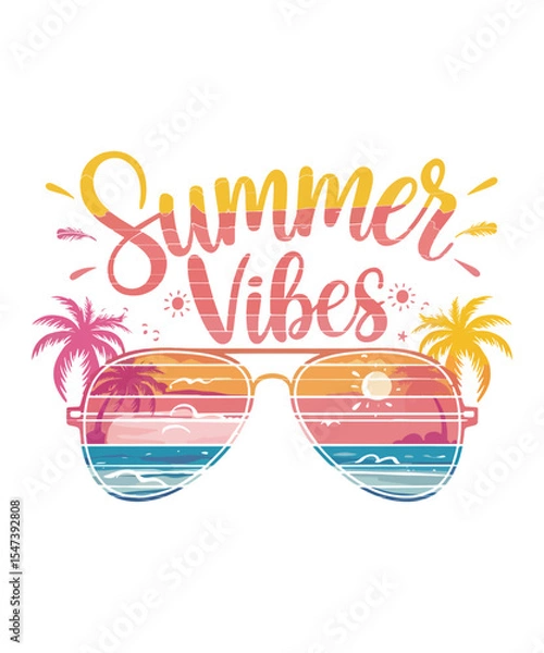 Fototapeta Summer Vibes Beach Sunset T-shirt Design with Sunglasses and Palm Trees Illustration.