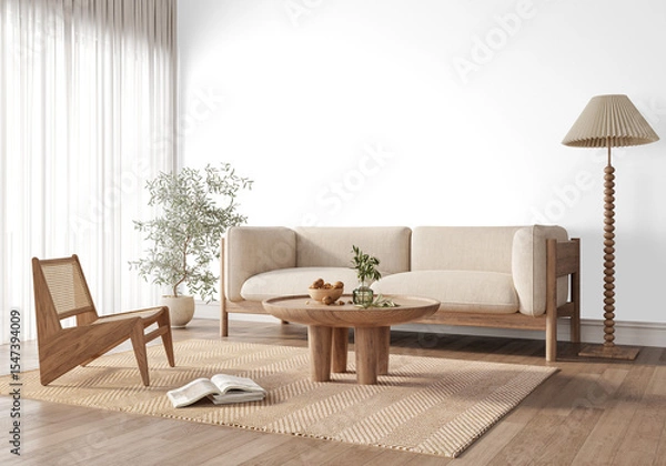 Fototapeta Transparent wall Scandinavian interior PNG mockup with sofa, rug, armchair, coffee table, olive tree and daylight curtain, top angle composition with Realistic Shadows – 3D render