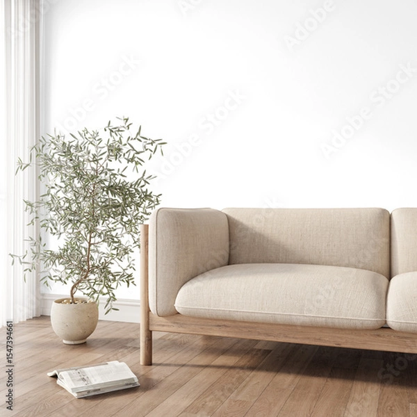 Fototapeta Transparent wall PNG mockup of Scandinavian beige sofa and potted olive tree in cozy minimal interior design, close crop layout with Realistic Shadows – 3D render