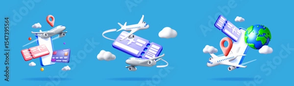 Fototapeta Three 3d illustrations displaying air travel concepts with planes, tickets, credit card, map pin, smartphone and planet earth on blue backdrop.