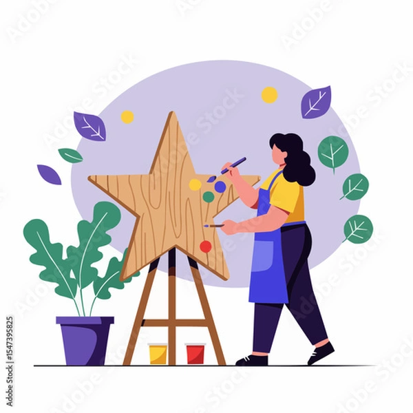 Obraz Woman painting a wooden star on an easel in a colorful studio  