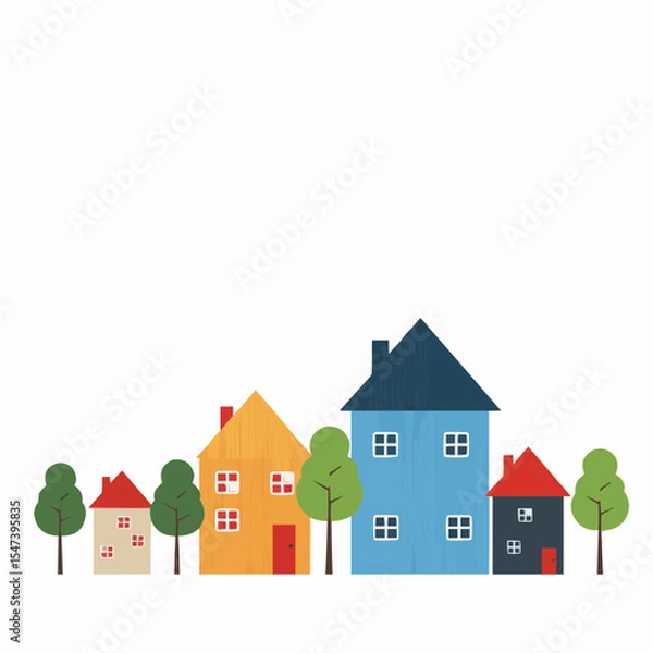 Obraz Colorful wooden houses with small trees on white background  