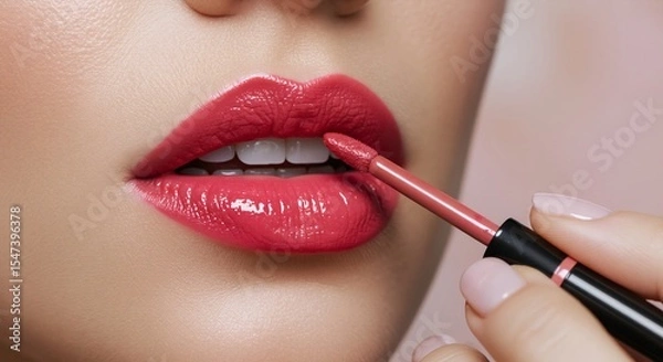 Fototapeta Pink lips applying red liquid lipstick on beige background. Macro beauty close up. Lip makeup and cosmetics concept. Image for banner, poster, wallpaper and advertisement