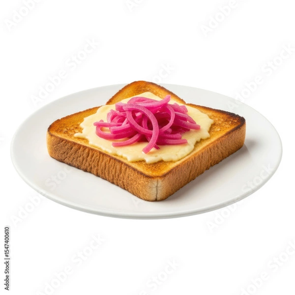 Fototapeta A delicious slice of golden brown toast topped with creamy melted cheese and a colorful pile of bright pink pickled red onions, perfect for a gourmet breakfast or snack.