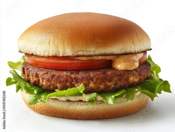 Obraz A fusion-style tofu burger with a crispy tofu patty, fresh lettuce, tomato, and vegan aioli on a toasted bun