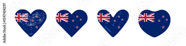 Obraz New Zealand flag heart collection. Set of creative NZ flags inside of hearts. Cute heart shapes. Holiday or travel icons. Web special offer button concept. Isolated graphic design. Branding concept.